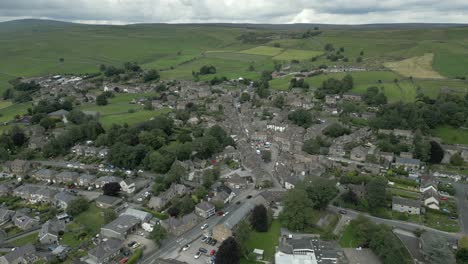 an aerial view of the yorkshire town of grassington on a cloudy summer afternoon, england, uk