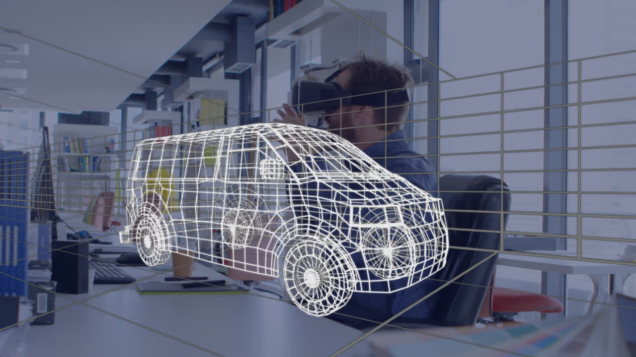 vr 헤드 ⁇ 을 사용하여 사람 위의 자동차의 디지털 3d 드로잉의 애니메이션