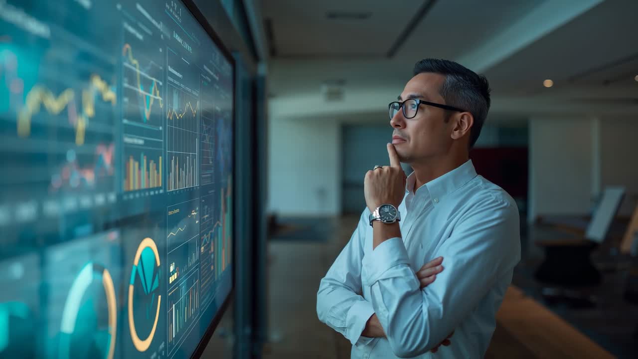 Scanning analyst in white shirt, glasses tracking bar charts on wall display at office, copy space