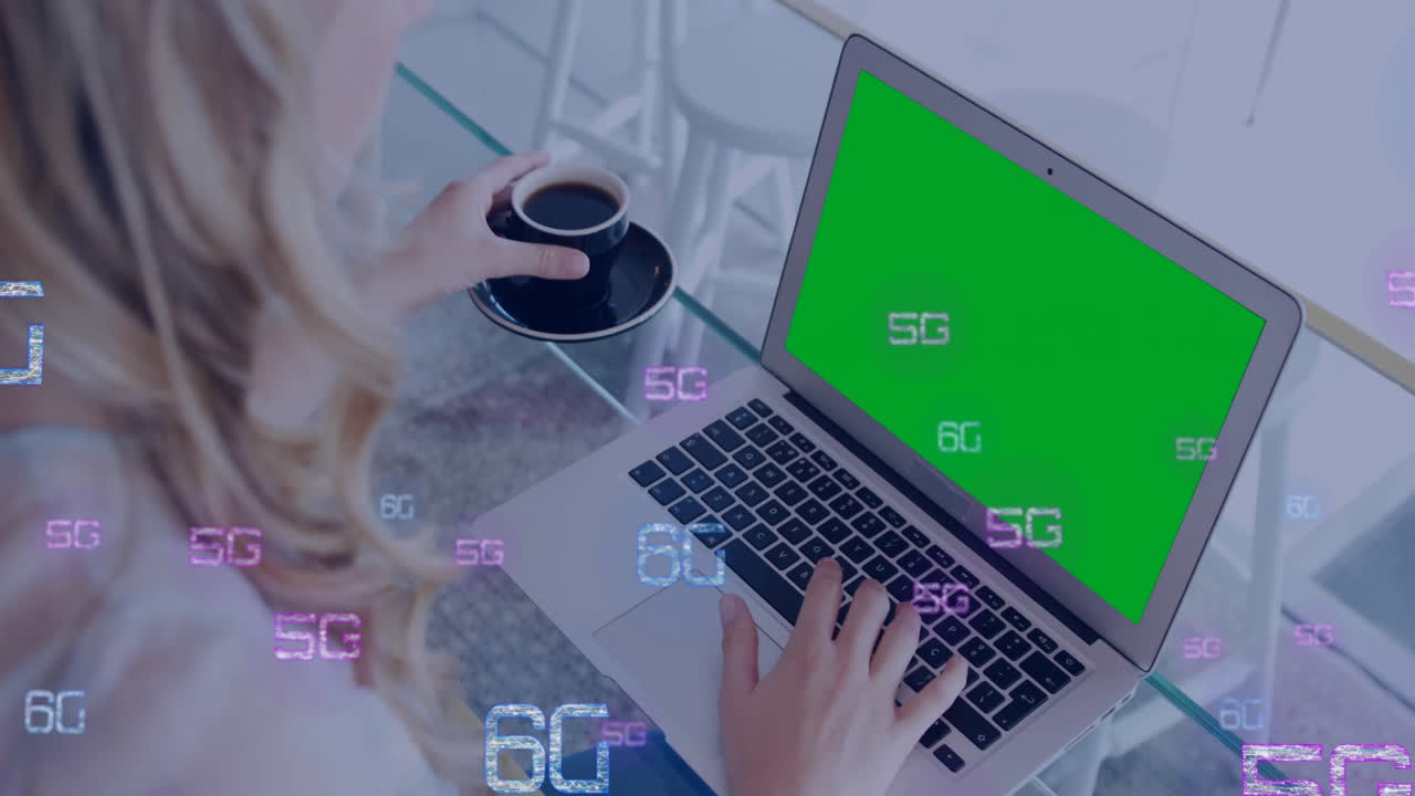 Person using laptop with 5G and 6G text animation over screen