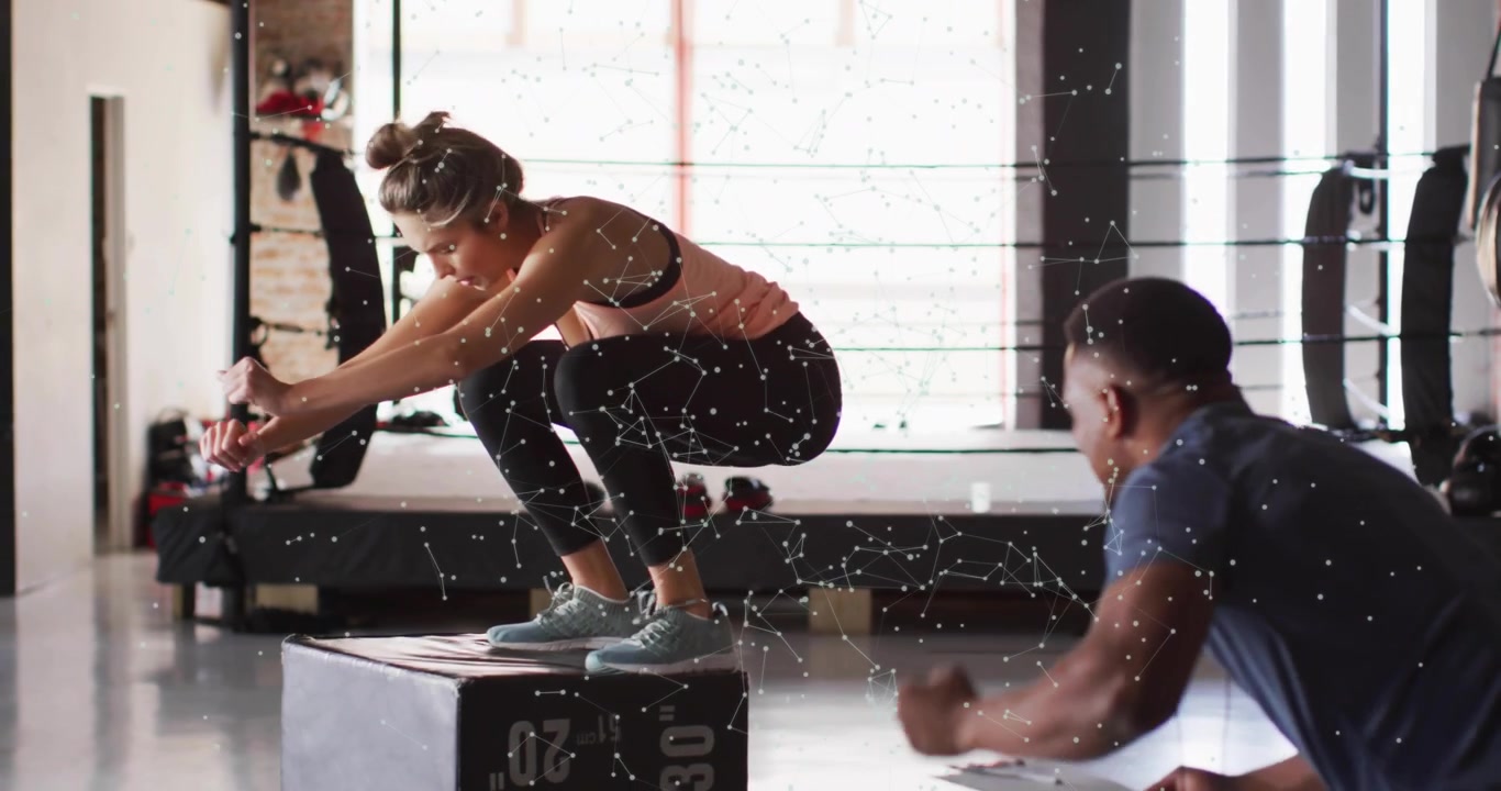 Female fitness client performing box jump, trainer logging results with animated height bar rising