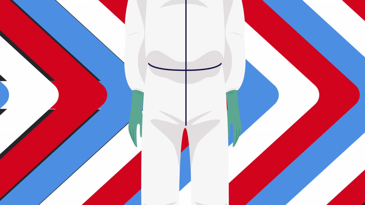 백색 바탕에 얼굴 마스크와 다채로운 화살표를 가진 의사의 애니메이션