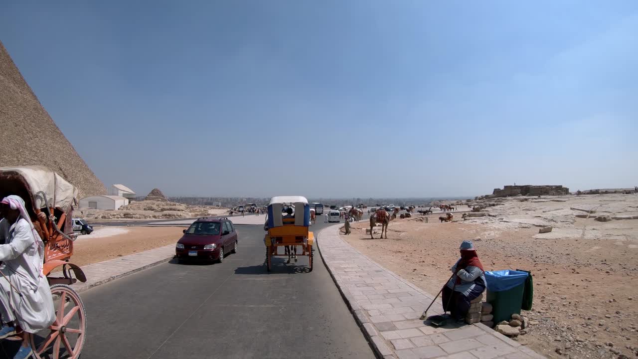 carruajes tirados por caballos montados en la meseta de giza