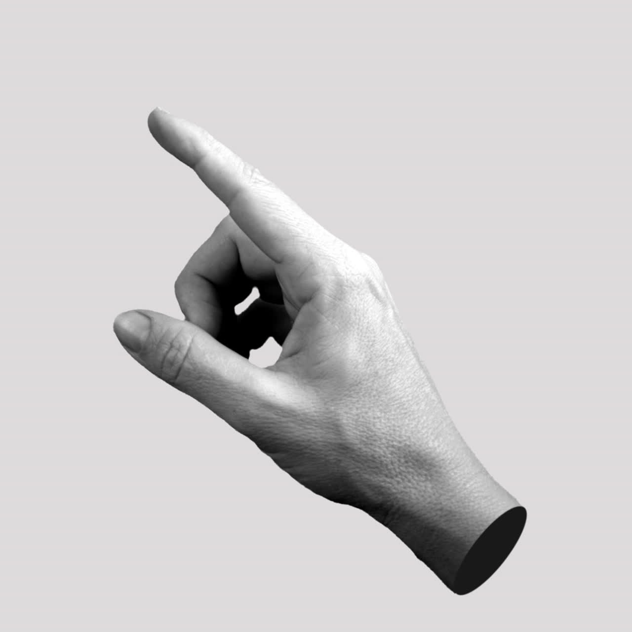 Mano umana in bianco e nero che punta con il dito indice