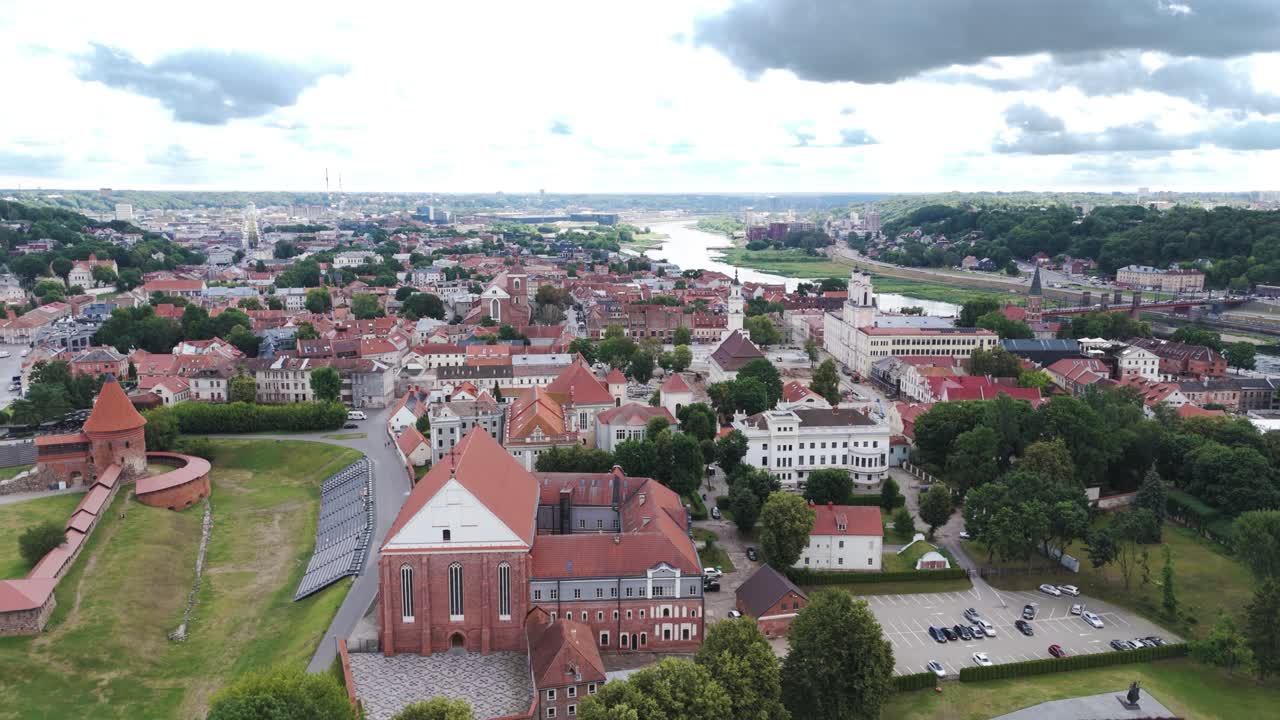 Kaunas castle and downtown, aerial drone view