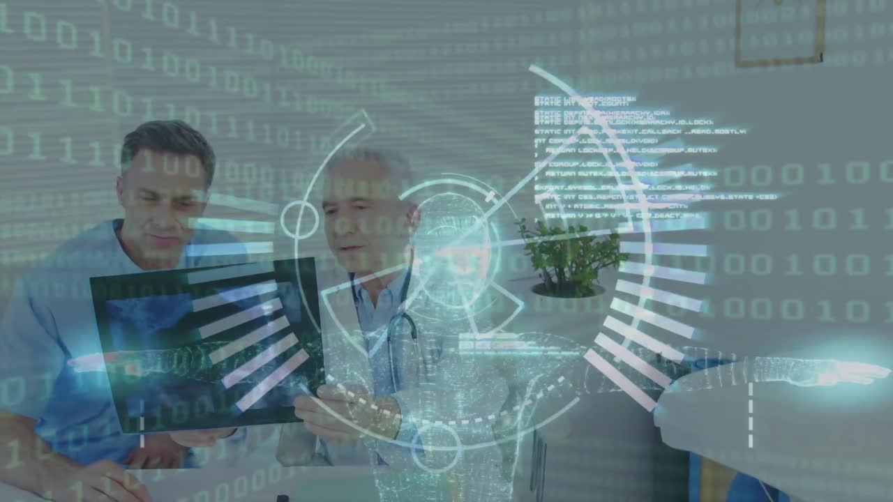 animación del procesamiento de datos con escaneo de alcance sobre diversos médicos