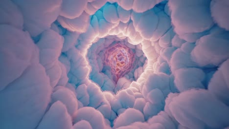 otherworldly tunnel crafted from fluffy, cotton candy like clouds unfolds, showcasing a spectrum of vibrant colors, creating a mesmerizing and dreamlike journey into a surreal landscape