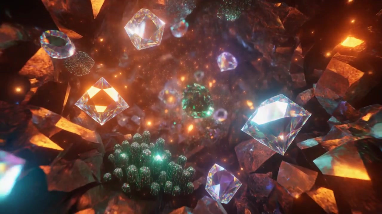 Abstract Animation of Floating Diamonds and Glowing Crystals in a Dark Cave