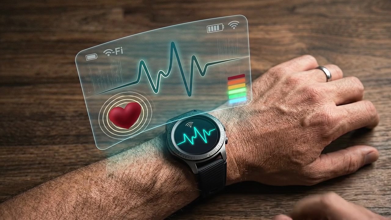 Pessoa usando smartwatch futurista com interface de saúde holográfica