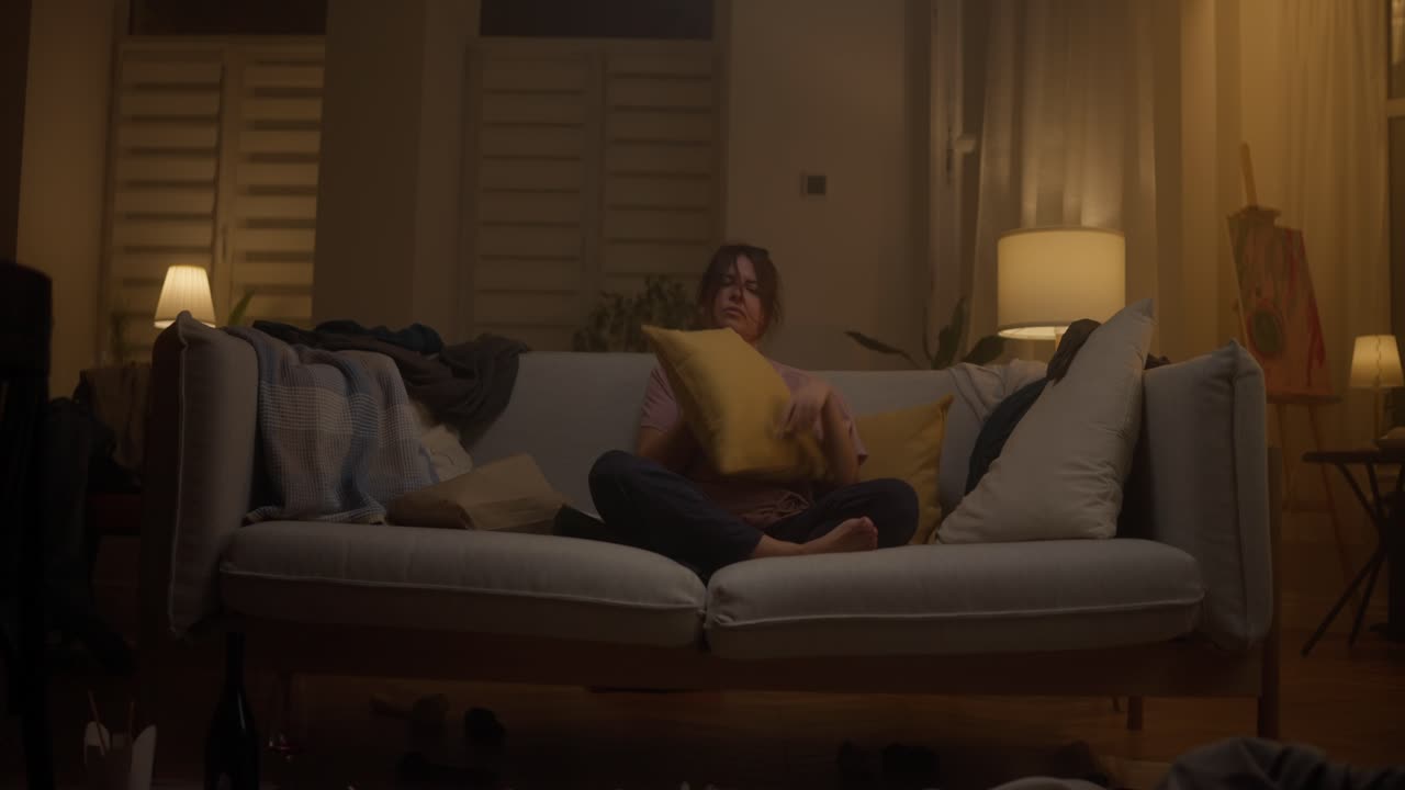 Woman sitting alone on a messy couch at night