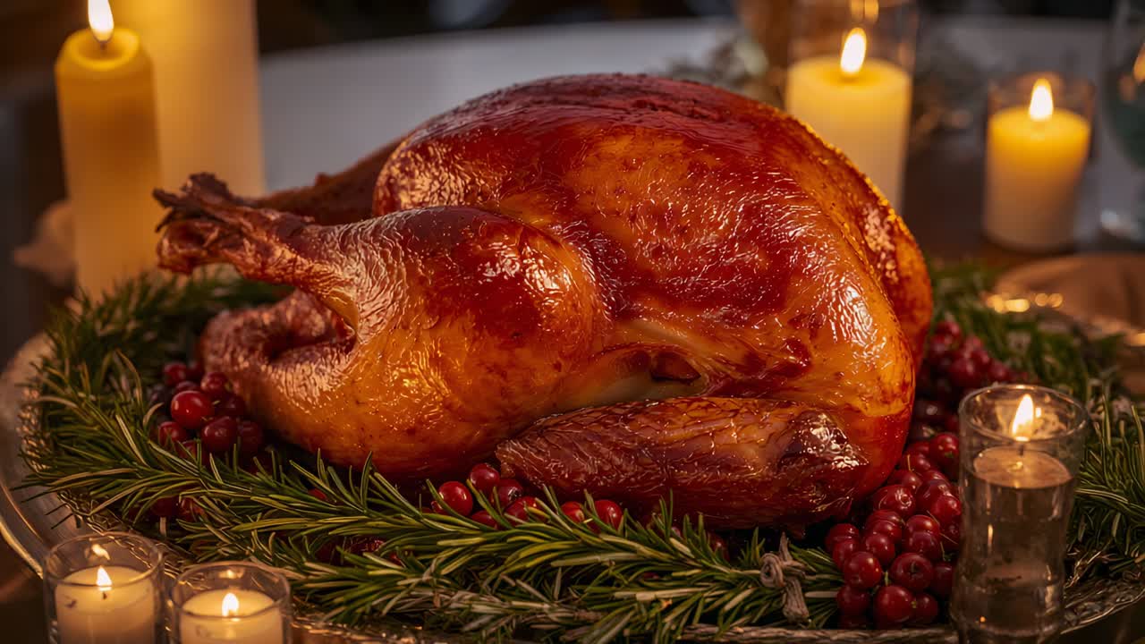 Velas parpadeantes proyectando luz cálida sobre un pavo asado en la mesa para una exhibición festiva con romero.