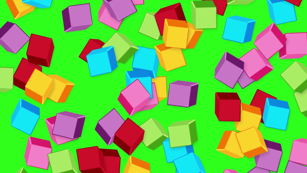 Vivaci cubi 3D multicolori cadono continuamente attraverso l'inquadratura su uno sfondo verde solido.