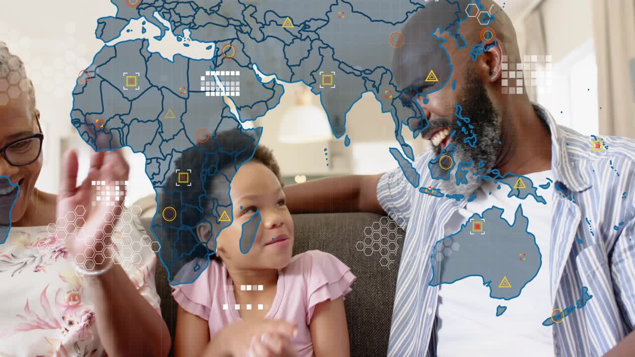 Family sitting sofa smiling and talking, bonding, tech map growing hex icons linking, man leaning