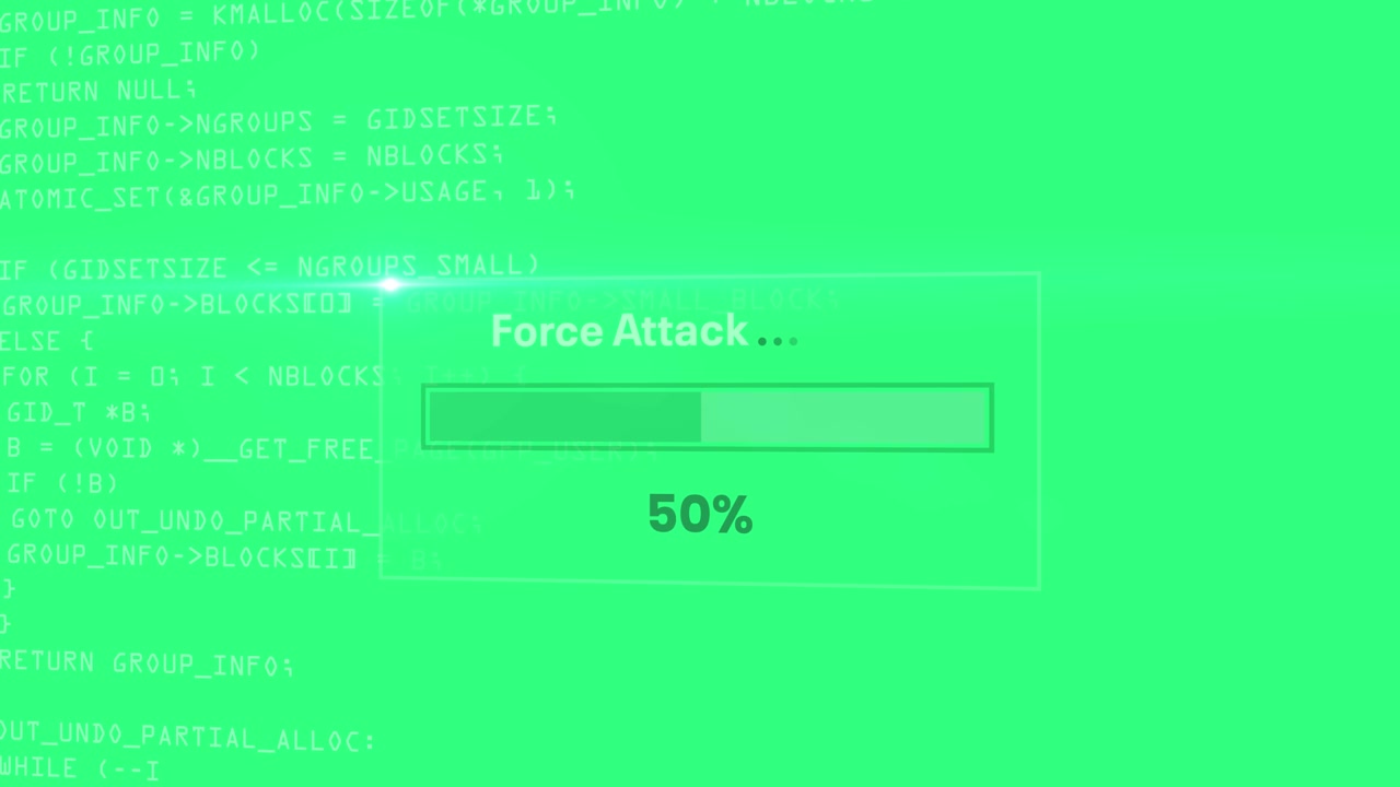 Digital computer code with force attack progress bar with percentage loading box animation