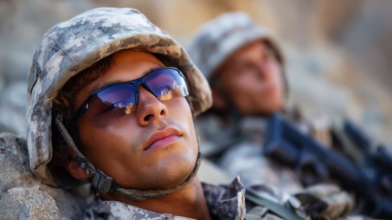 Two soldiers in combat gear rest while on duty, showcasing their exhaustion and preparedness. The first frame captures a close-up of a vigilant soldier wearing sunglasses, with the second showing him in a relaxed pose, both ready for action