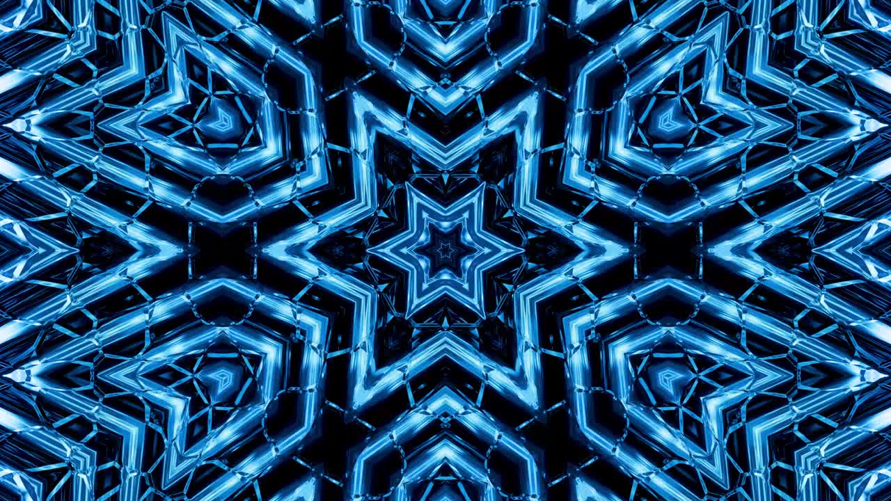 fondo simétrico abstracto con simetría estelar. mandala con olas. fondo líquido azul abstracto en bucle con patrón brillante ondulado, superficie brillante y brillante. efecto caleidoscopio
