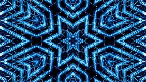 Abstract symmetric background with star symmetry. Mandala with waves. Looped abstract blue liquid background with wavy sparkling pattern, shiny glossy surface. Kaleidoscope effect