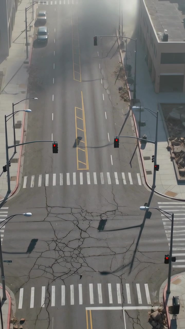 Vertical video: Rising dust plume at curb crossing cracked pavement on city street, red lights