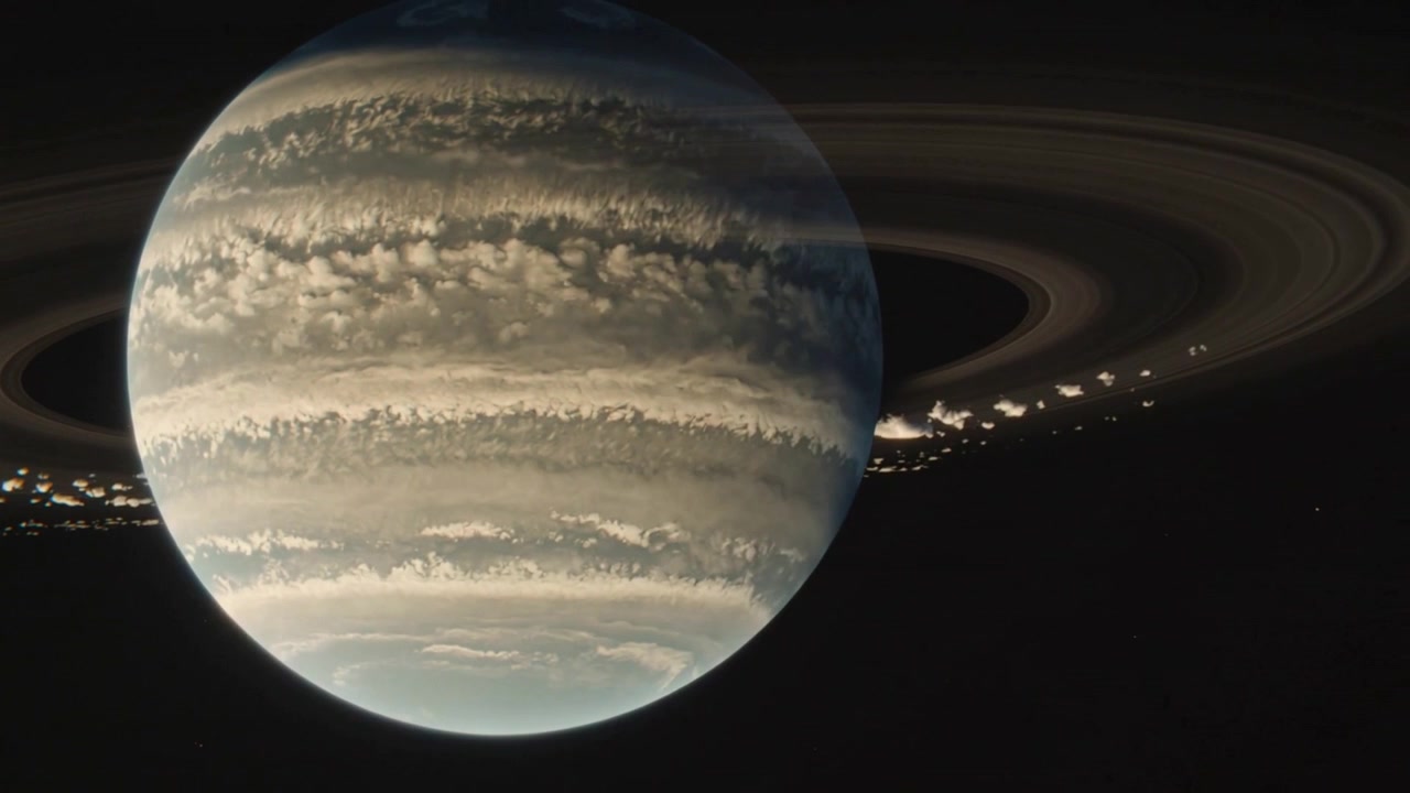 Camera shifting viewpoint, revealing ringed gas giant in deep space, showing bright ring clumps