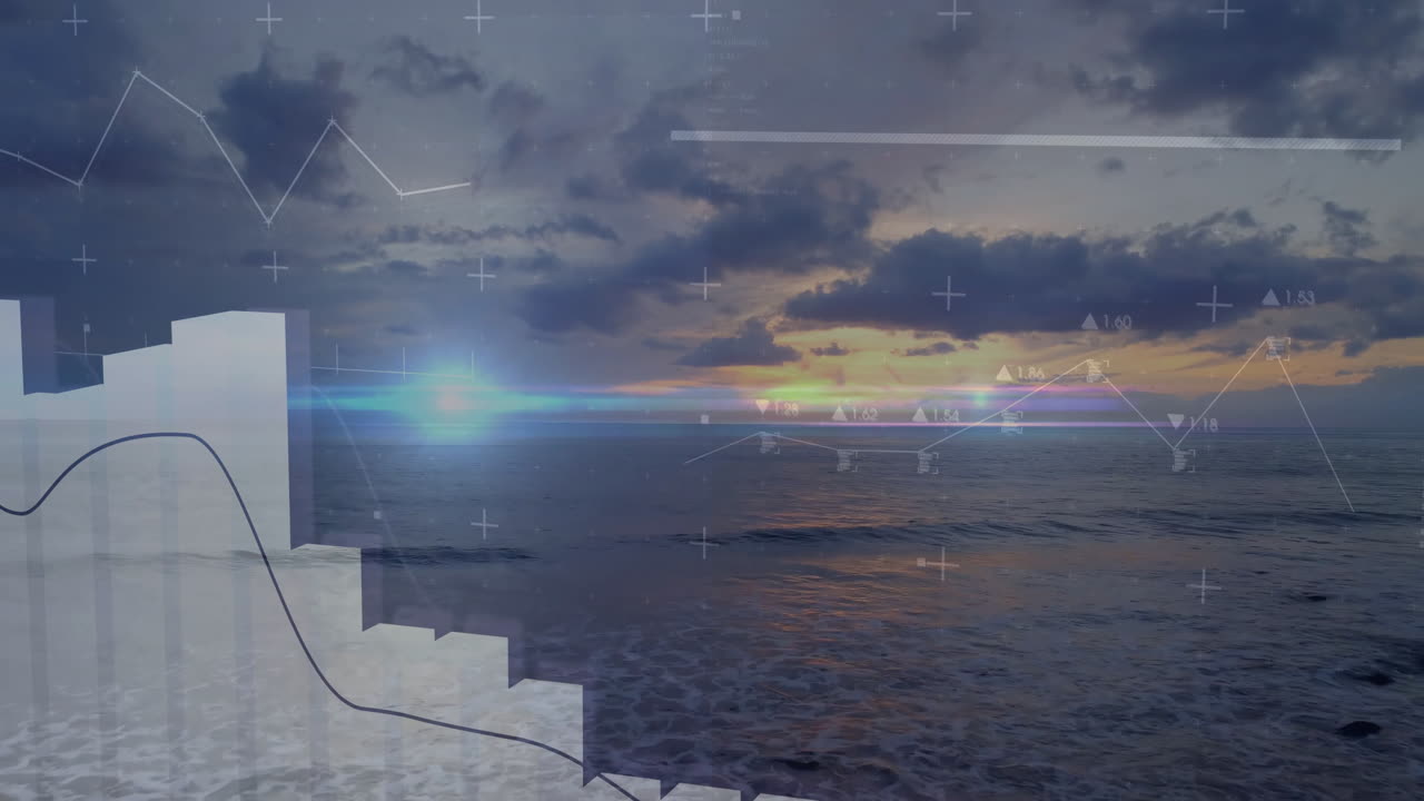 Processing financial data animation overlaying sunset view over ocean horizon