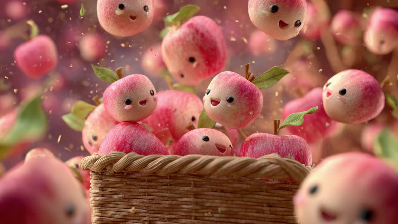 Cheerful Animated Apples Playfully Floating Above a Woven Basket, Showcasing Their Cute Faces and Vibrant Colors in a Whimsical and Joyful Scene