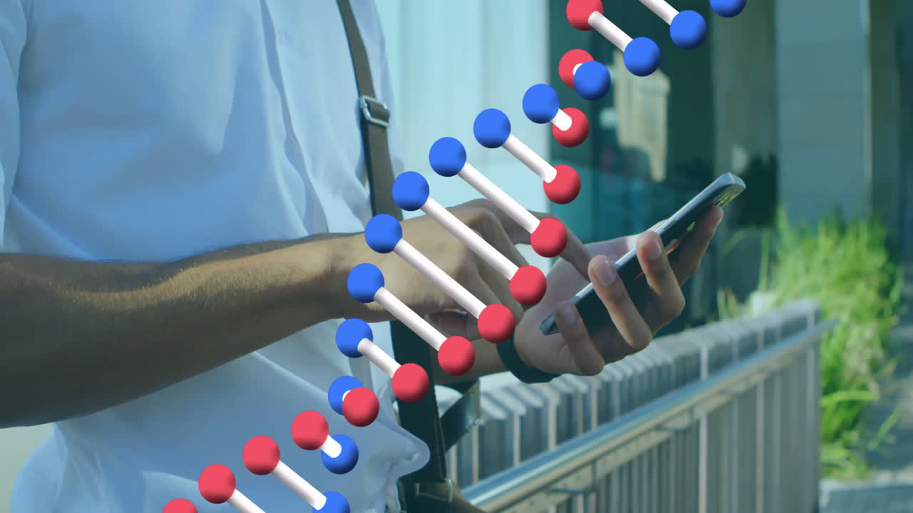 DNA strand animation over person using smartphone near railing outdoors