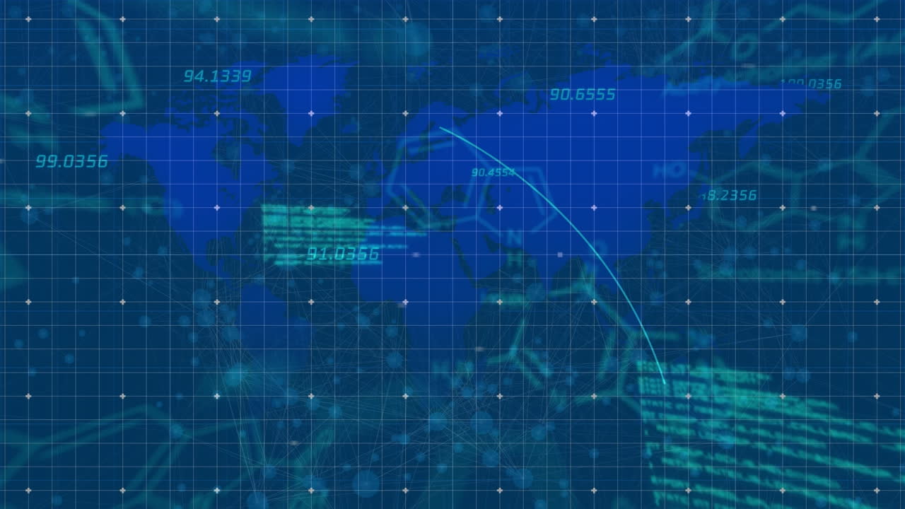 Animation of data processing over world map and molecular and chemical structures on blue background