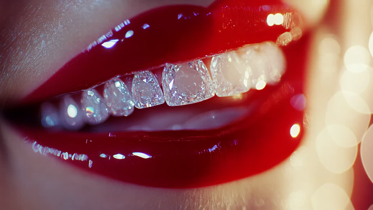 Close-up of glamorous lips with red lipstick and diamond teeth