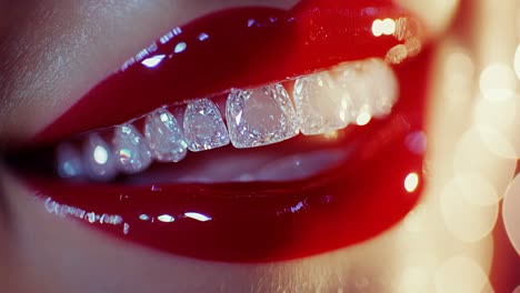 close-up of glamorous lips with red lipstick and diamond teeth