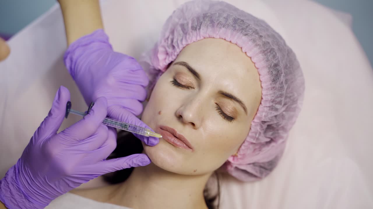 A beautician in gloves makes botox injections to the upper and lower parts of the lips of a young woman. Close-up.