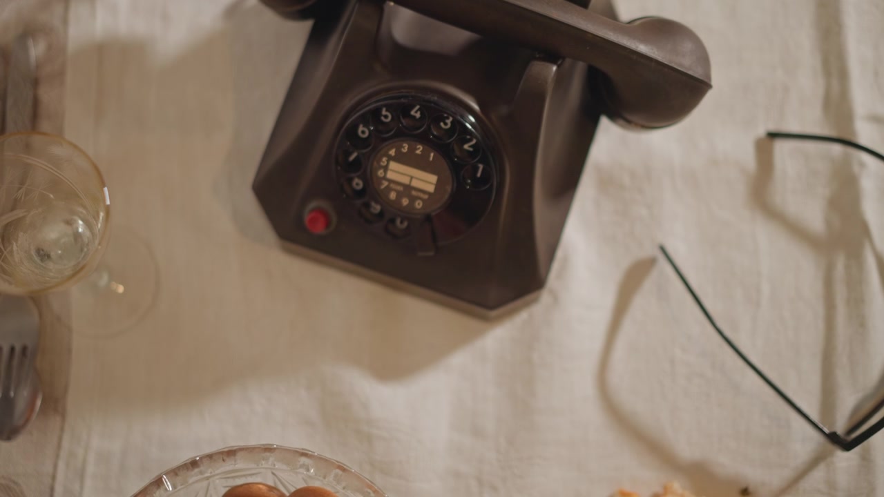 Closeup rotary phone on linen, scattered glasses and spectacles, pretzel and orange peel, coiled cord, leftover snack and empty glass, investigative journalist left call unanswered, hushed suspense