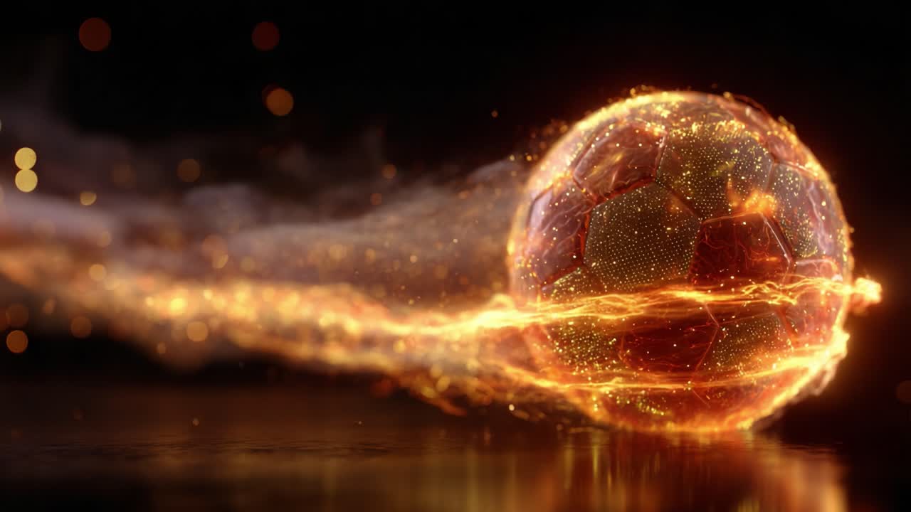 Dynamic Motion of a Glowing Soccer Ball Captured with Visual Effects Showing Speed and Energy in the Game of Football