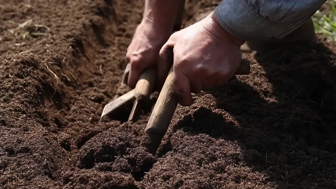 Close-up of hands working in soil with gardening tools