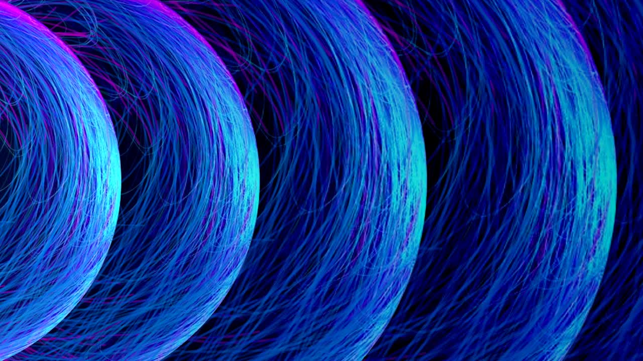 빛나는 보라색과 파란색의 애니메이션 추상적인 선은 매력적인 다채로운 배경에 아름다운 회전하는 공을 형성합니다.