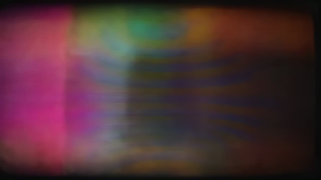Receiving static, CRT screen cycling shifting color bars in dimly lit room, looping glitch effect