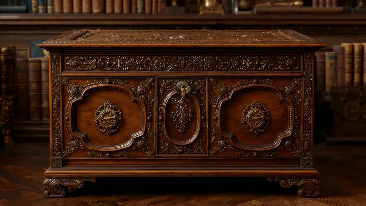 Opening shot showing antique carved wooden chest in library, highlighting ornate metal details