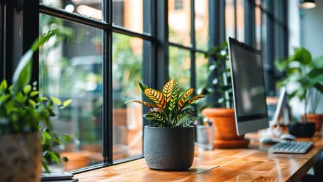 interior view of a room with plants, a computer and a window