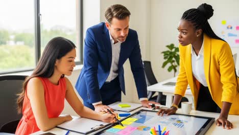 collaborative business meeting: team engaged in strategic planning with charts and post-it notes during a productive discussion in a modern office environment
