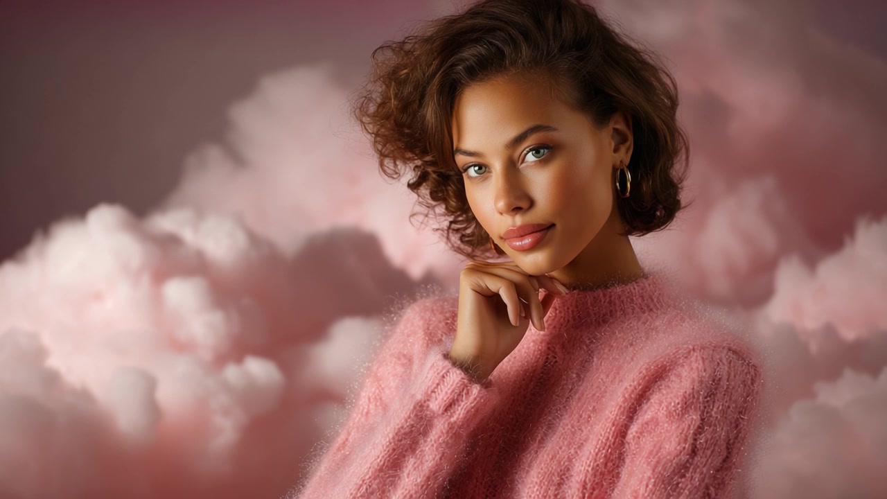 A captivating portrait of a woman with soft curls and a pink sweater, set against a dreamy backdrop of fluffy pink clouds, showcasing elegance and beauty.