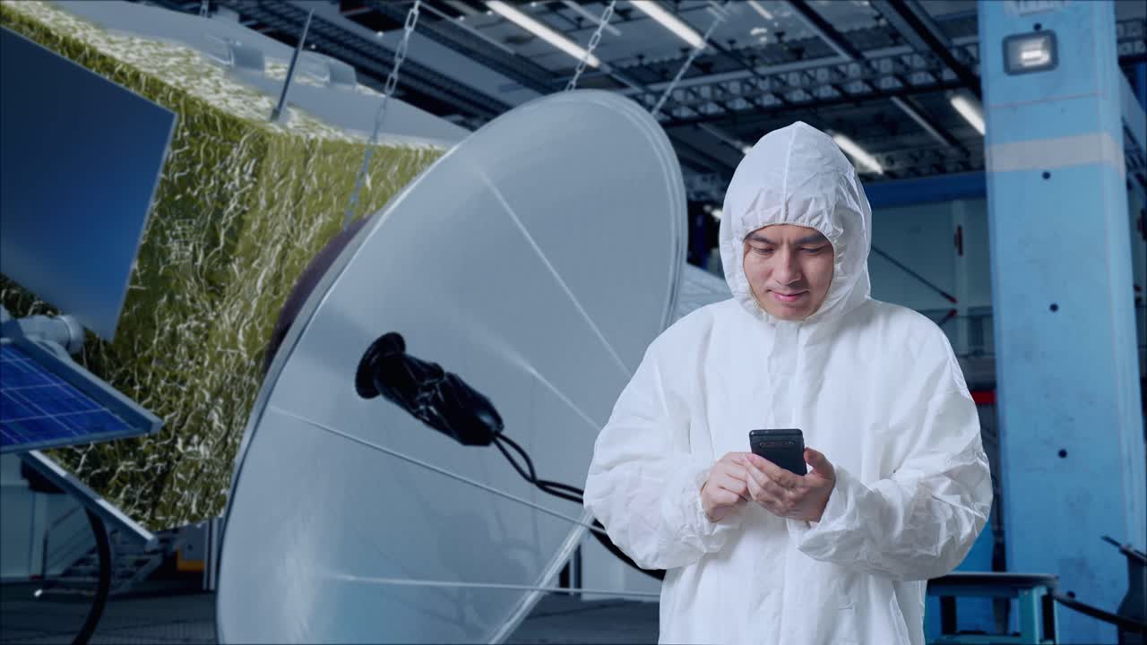 científico masculino asiático usando un teléfono inteligente mientras está de pie con la construcción de una nave espacial