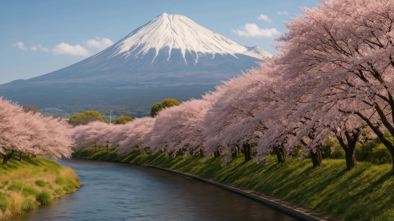 Monte Fuji e ciliegi in fiore lungo un fiume