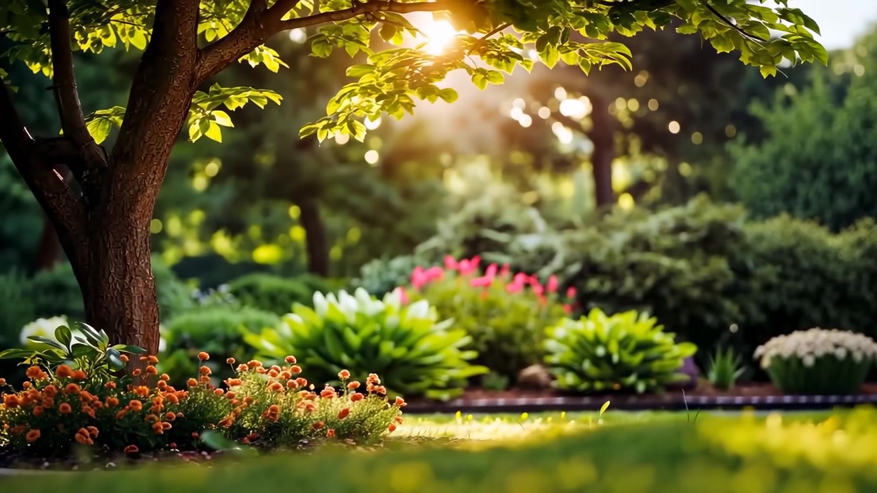 Luce solare che filtra attraverso gli alberi in un giardino lussureggiante
