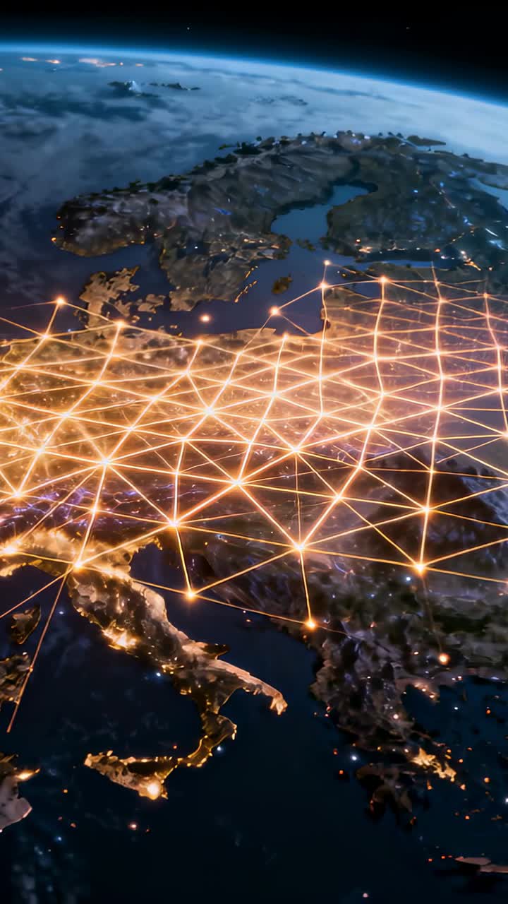 Vertical video: Starting golden network overlay spreading above Europe, pulsing nodes mapping data