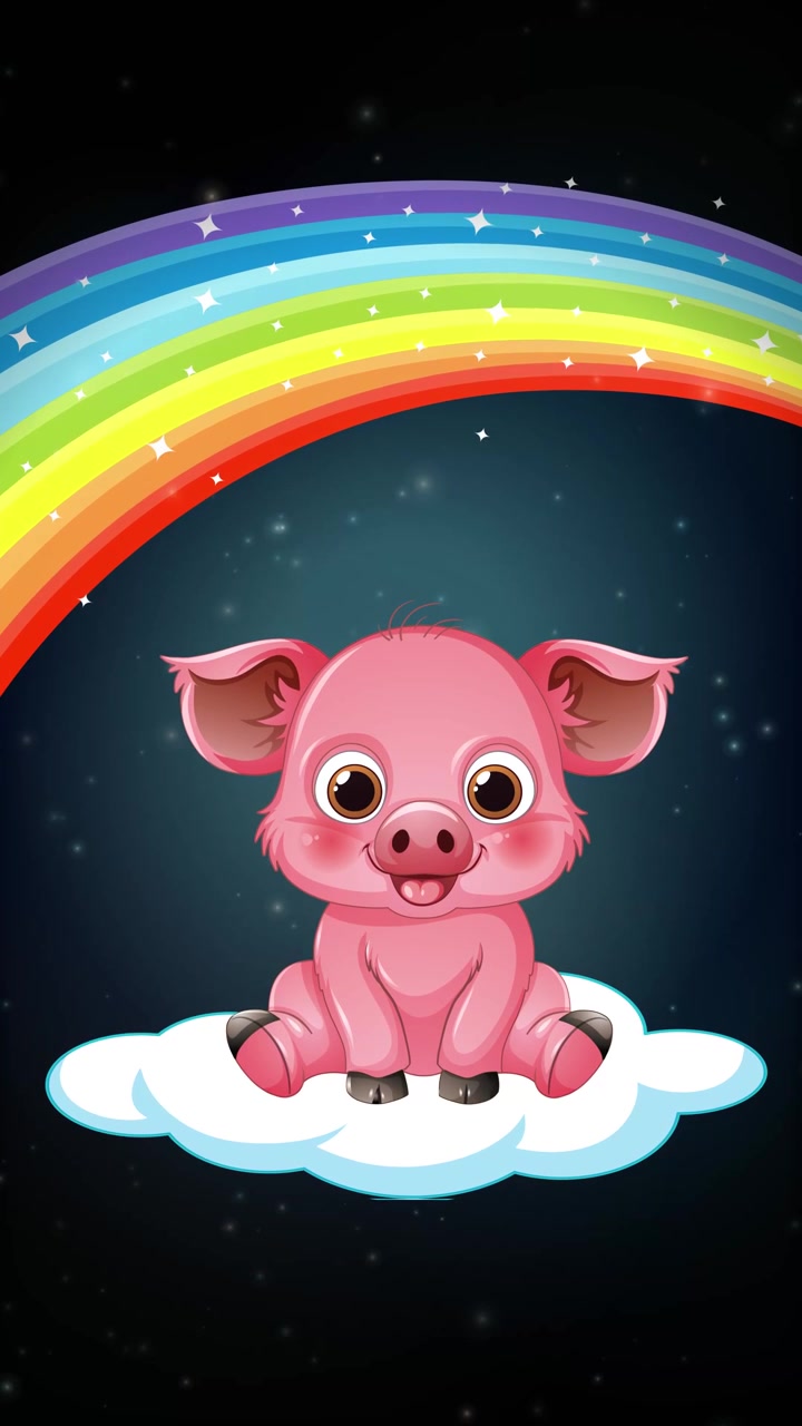 Animated pink piglet sits on a cloud beneath a vibrant rainbow against starry night.