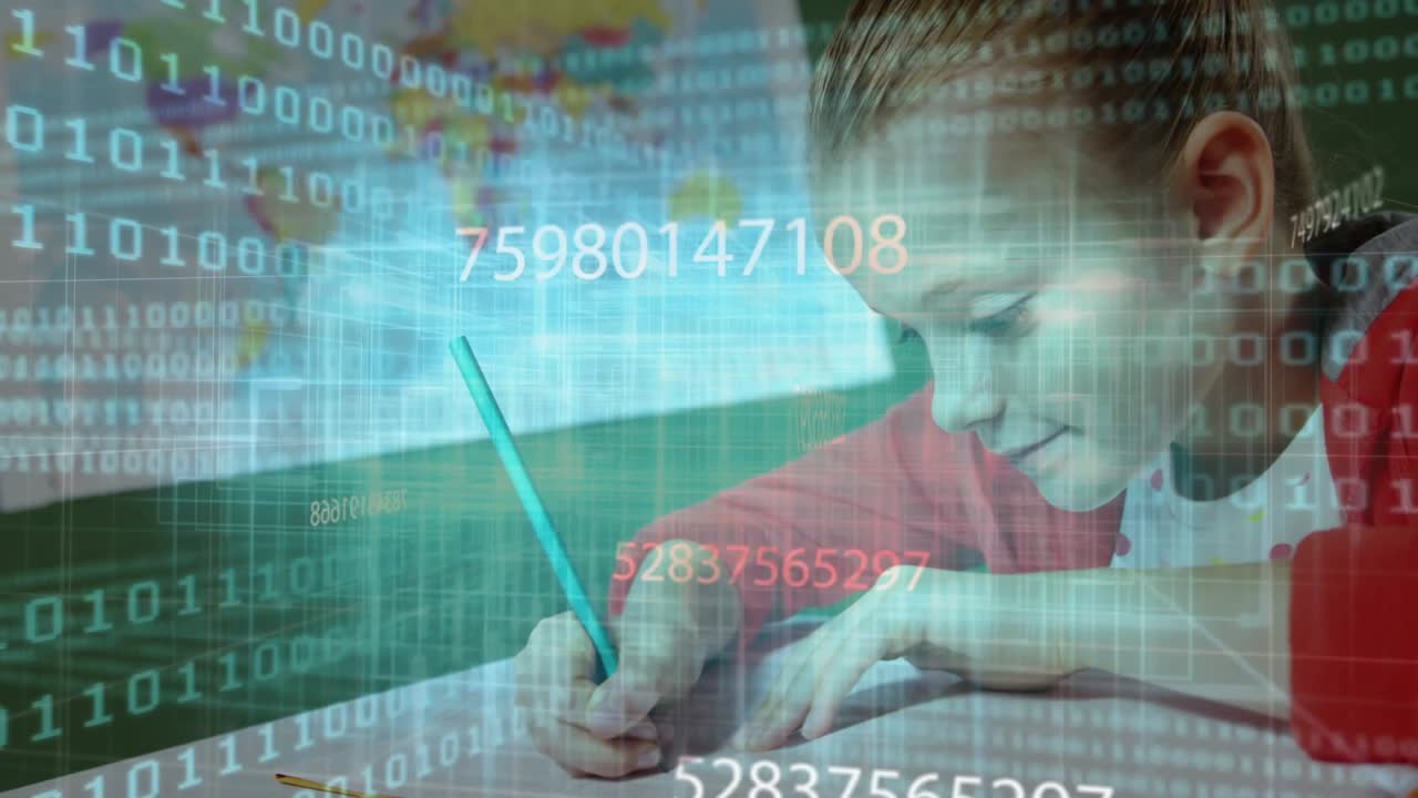 Female student bringing teal pencil to notebook and taking lesson notes over transparent data codes
