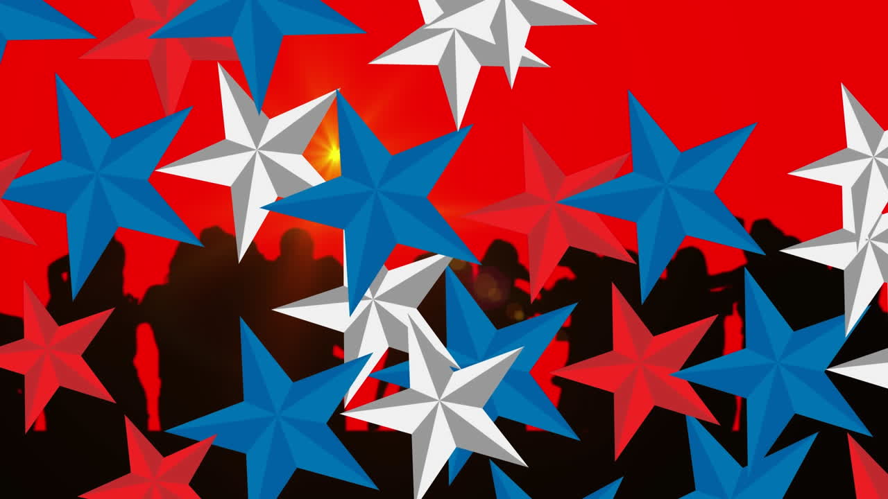 Animation of stars of united states of america over people dancing on red background