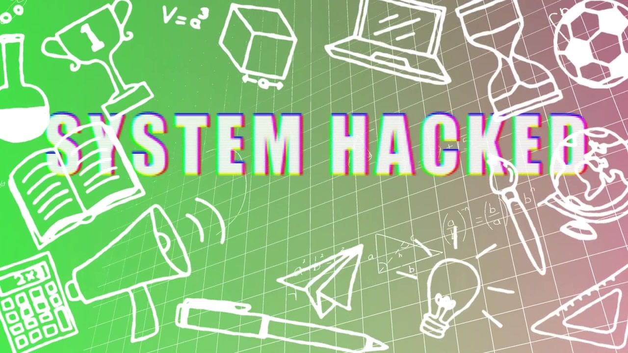 Grün-rosa Raster mit animierten Symbolen, die dann glitch-flimmern und den Titel „SYSTEM GEHACKT“ mit Versatz bilden