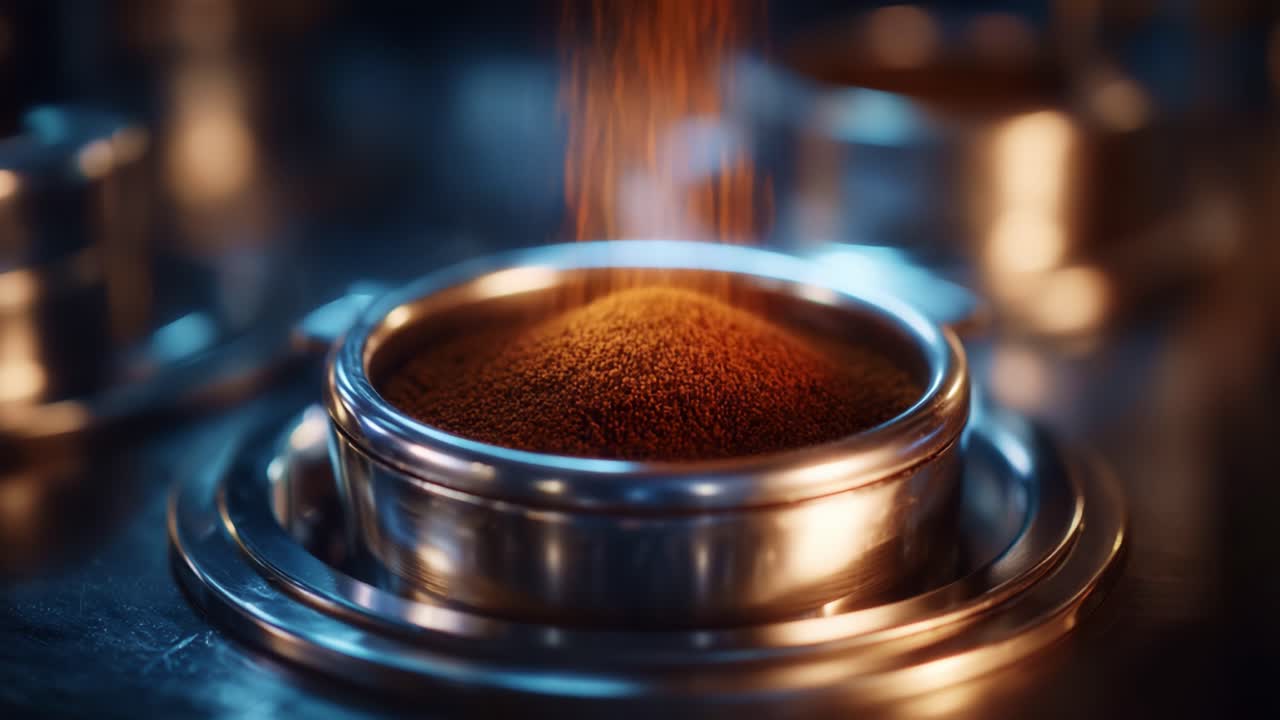 Nærbillede af formalet kaffe i en sølvfarvet beholder med en funklende baggrund, der fremhæver den rige tekstur og aroma af kaffegrumset