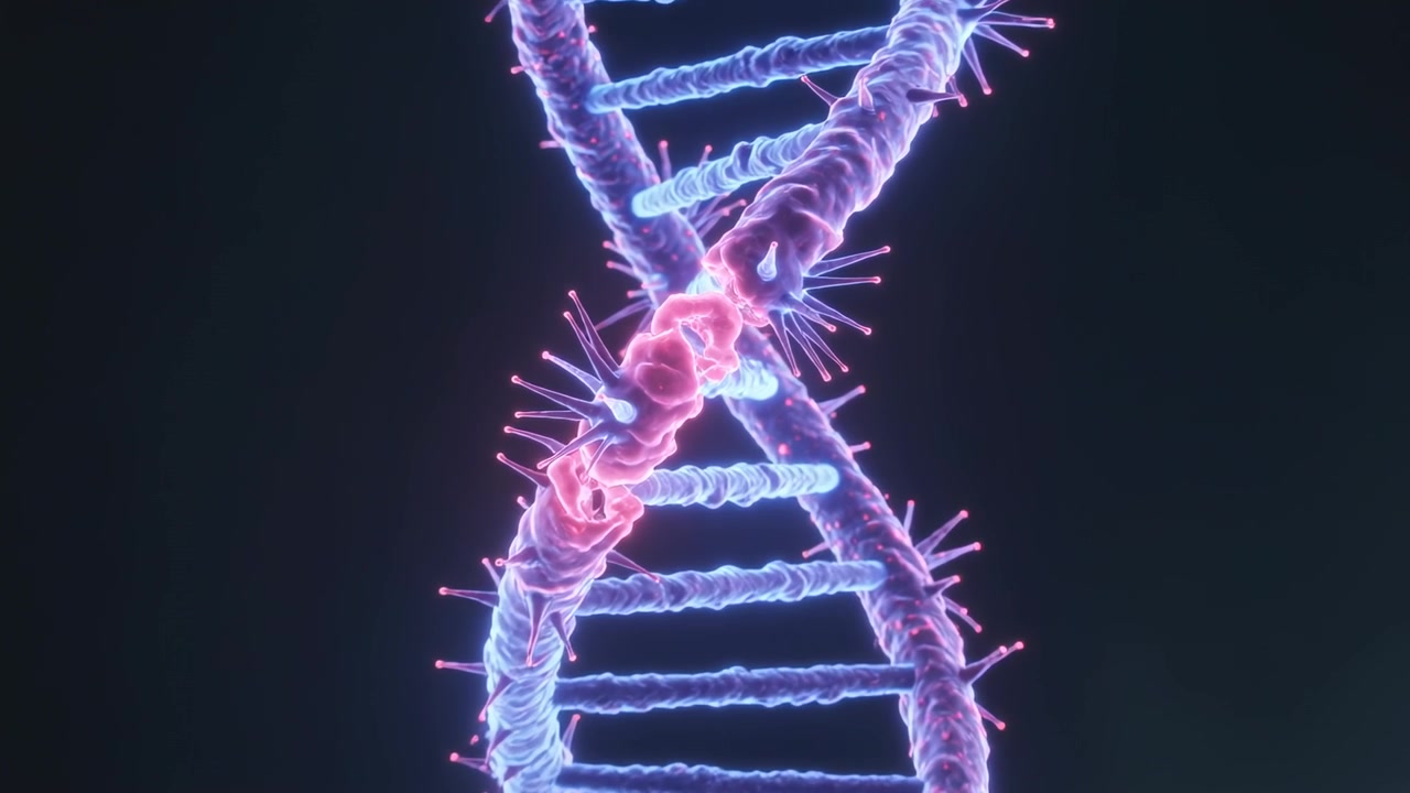 Zooming camera revealing rotating DNA helix in dark void, highlighting pink protein clusters