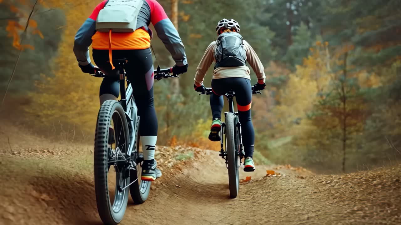 Low-angle video shot of two cyclists on a forest trail, capturing autumn foliage and dynamic